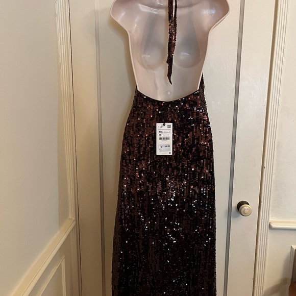 Zara Chocolate Brown Sequin Halter Maxi Dress NWT - Picture 6 of 11